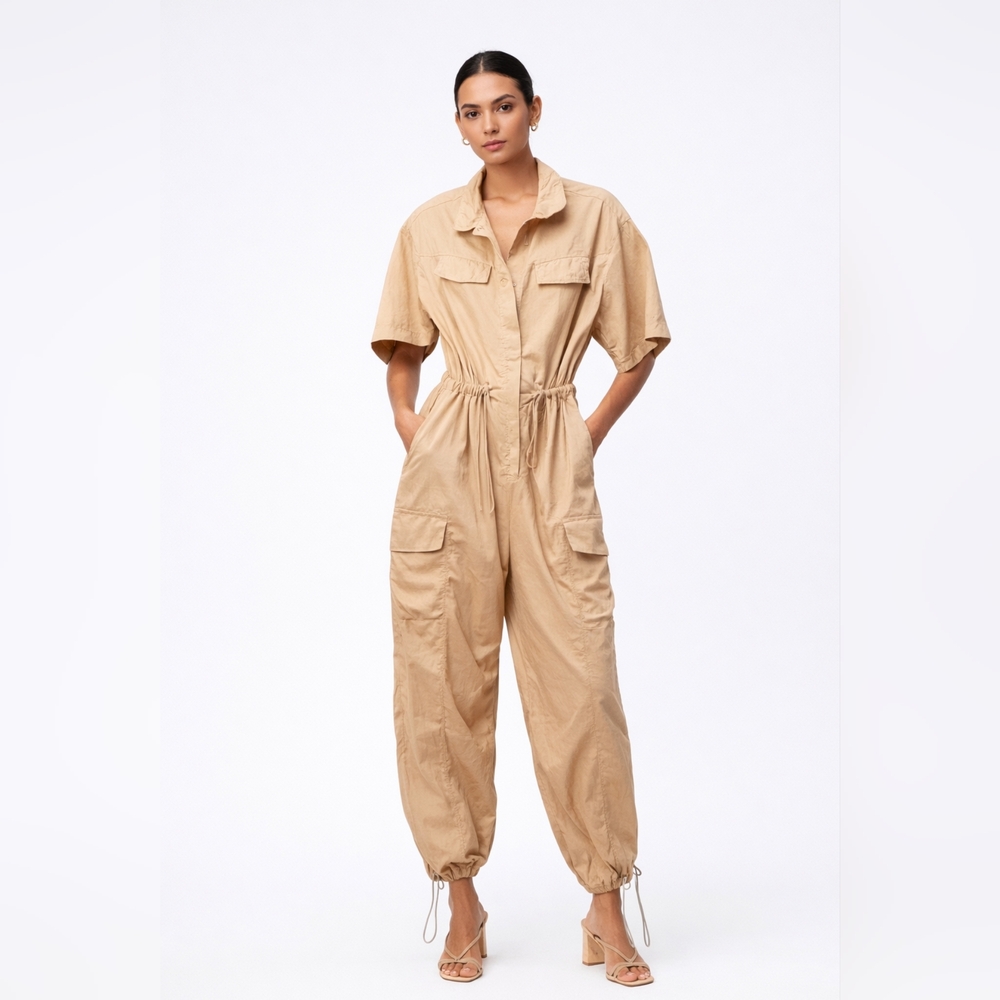 Zara XS Tan Utility Cargo Jumpsuit Drawstring Waist